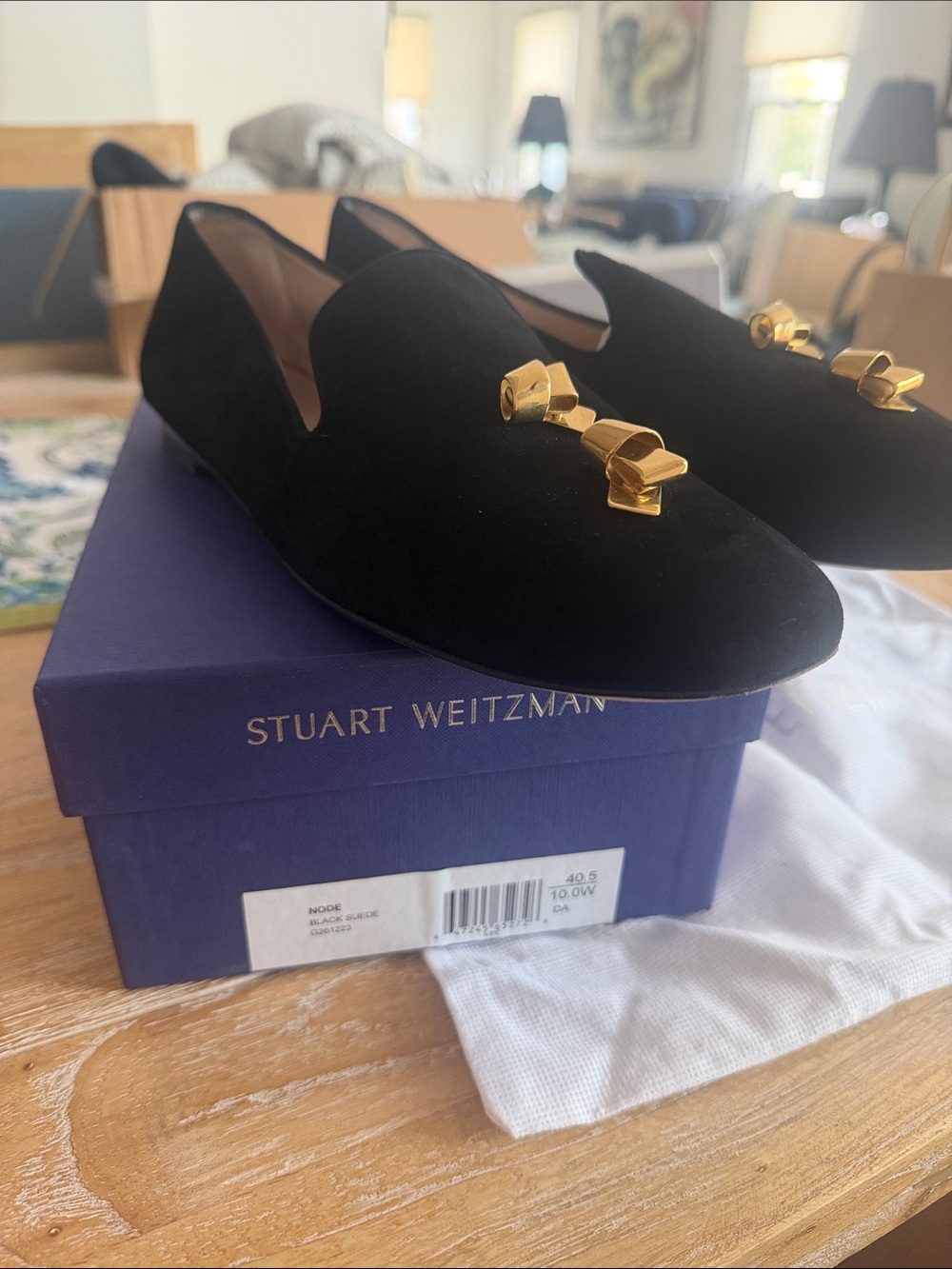 Stuart Weitzman Black Velvet Loafers with Gold Bow Accents